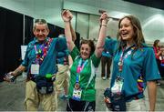 31 July 2015; Team Ireland’s Anne Hoey, a member of Drogheda Special Olympics Club, from Drogheda, Co Louth, celebrates, with volunteers, after being presented with a Silver Medal for Bocce at the Los Angeles Convention Center. Special Olympics World Summer Games, Los Angeles, California, United States. Picture credit: Ray McManus / SPORTSFILE