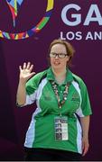 31 July 2015; Team Ireland’s Nicola Higgins, a member of Free Spirit Special Olympics Kayaking Club, from Coolock, Dublin, salutes the supporters as she collects her fifth place ribbon at the Miami Marine Stadium, Long Beach. Special Olympics World Summer Games, Los Angeles, California, United States. Picture credit: Ray McManus / SPORTSFILE
