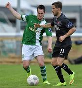 31 July 2015; Darren Meehen, Dundalk, in action against Michael Barker, Bray Wanderers. SSE Airtricity League Premier Division, Bray Wanderers v Dundalk. Carlisle Grounds, Bray, Co. Wicklow. Picture credit: Matt Browne / SPORTSFILE