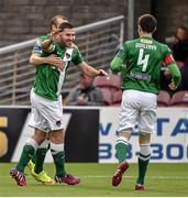 31 July 2015; Mark O'Sullivan, centre, Cork City, celebrates with team-mate's Karl Sheppard and John Dunleavy, right, after scoring his side's first goal. SSE Airtricity League Premier Division, Cork City v Bohemians. Turners Cross, Cork. Picture credit: David Maher / SPORTSFILE