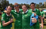 1 August 2015; Leon Keogh, 15, Noel Delaney, 11, Robert Byrne, 4, and Wayne McDonagh, in relaxed mood after the game. Team Ireland v SO GB.  'Football 11-a-side' semi final at the Drake Stadium. Ireland were beaten 4-2 and go for a Bonze medal in their next game. Special Olympics World Summer Games, Los Angeles, California, United States. Picture credit: Ray McManus / SPORTSFILE
