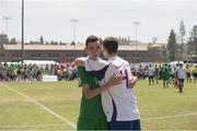 1 August 2015; Team Ireland’s Patrick Duff, a member of Cheeverstown House Special Olympics Club, from Halston Street, Dublin 7,  with Derek Keith, SO GB, after a 'Football 11-a-side' semi final at the Drake Stadium. Ireland were beaten 4-2 and go for a Bonze medal in their next game. Special Olympics World Summer Games, Los Angeles, California, United States. Picture credit: Ray McManus / SPORTSFILE