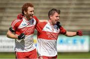 1 August 2015; Conor Glass, left, and Michael McEvoy, Derry, celebrate at the final whistle. Electric Ireland GAA Football All-Ireland Minor Championship Quarter-Final, Longford v Derry. Brewster Park, Enniskillen, Co. Fermanagh. Picture credit: Oliver McVeigh / SPORTSFILE