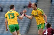 1 August 2015; Patrick McBrearty, left, Donegal, celebrates with team-mate Colm McFadden after scoring their side's first goal. GAA Football All-Ireland Senior Championship, Round 4B, Donegal v Galway. Croke Park, Dublin. Picture credit: Brendan Moran / SPORTSFILE