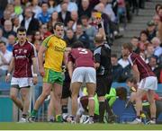 1 August 2015; Michael Murphy, Donegal, is shown a yellow card by referee Eddie Kinsella. GAA Football All-Ireland Senior Championship, Round 4B, Donegal v Galway. Croke Park, Dublin. Picture credit: Brendan Moran / SPORTSFILE
