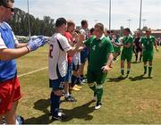 1 August 2015; Edward Farquhar, left, and Sean McCullough, 12, SO GB, applaud players from Team Ireland, including Robert Byene, 4, a member of Bray Lakers Special Olympics Club, from Monasterevin, Co Kildare, after a 'Football 11-a-side' semi final at the Drake Stadium. Ireland were beaten 4-2 and go for a Bonze medal in their next game. Special Olympics World Summer Games, Los Angeles, California, United States. Picture credit: Ray McManus / SPORTSFILE