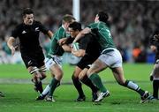 15 November 2008; Dan Carter, New Zealand, is tackled by Luke Fitzgerald, left, and David Wallace, Ireland. Guinness Autumn Internationals, Ireland v New Zealand, Croke Park, Dublin. Picture credit: Stephen McCarthy / SPORTSFILE