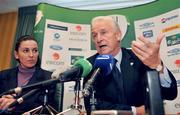 20 November 2008; Republic of Ireland manager Giovanni Trapattoni speaking during a press conference alongside his translator Manuela Spinelli. Radisson SAS Hotel Dublin Airport, Dublin. Picture credit: Brian Lawless / SPORTSFILE