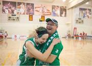 2 August 2015; Derek Byrne and his daughter Team Ireland’s Sarah Byrne, a member of Palmerstown Wildcats Special Olympics Club, from Clondalkin, Dublin, celebrate the 19-17 win in the BB Basketball Team Division F.02 Final, SO Mexico v SO Ireland at the Galen Center. Special Olympics World Summer Games, Los Angeles, California, United States. Picture credit: Ray McManus / SPORTSFILE