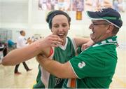 2 August 2015; Derek Byrne and his daughter Team Ireland’s Sarah Byrne, a member of Palmerstown Wildcats Special Olympics Club, from Clondalkin, Dublin, celebrate the 19-17 win in the BB Basketball Team Division F.02 Final, SO Mexico v SO Ireland at the Galen Center. Special Olympics World Summer Games, Los Angeles, California, United States. Picture credit: Ray McManus / SPORTSFILE