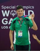 2 August 2015; Team Ireland's Keith Butler, a member of D6 Special Olympics Club, from Walkinstown, Dublin, on the podium after being presented with the Gold medal in the AQ 800M Freestyle Division M5 Final at the Uytengsu Aquatics Center. Special Olympics World Summer Games, Los Angeles, California, United States. Picture credit: Ray McManus / SPORTSFILE