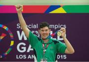 2 August 2015; Team Ireland's Keith Butler, a member of D6 Special Olympics Club, from Walkinstown, Dublin, on the podium after being presented with the Gold medal in the AQ 800M Freestyle Division M5 Final at the Uytengsu Aquatics Center. Special Olympics World Summer Games, Los Angeles, California, United States. Picture credit: Ray McManus / SPORTSFILE