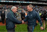 2 August 2015; Fermanagh manager Pete McGrath, left, shakes hands with Dublin manager Jim Gavin at the final whistle. GAA Football All-Ireland Senior Championship Quarter-Final, Dublin v Fermanagh. Croke Park, Dublin. Picture credit: Ramsey Cardy / SPORTSFILE