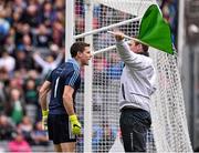2 August 2015; Dublin goalkeeper Stephen Cluxton reacts to umpire John Mike Fitzgerald after a goal was awarded to  Fermanagh after the Dublin goalkeeper was adjudged to have crossed over the goal line with the ball. GAA Football All-Ireland Senior Championship Quarter-Final, Dublin v Fermanagh. Croke Park, Dublin. Picture credit: David Maher / SPORTSFILE