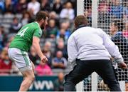 2 August 2015; Dublin goalkeeper Stephen Cluxton, catches the ball which was adjudged to have crossed over the goal line, after referee Padraig O'Sullivan had consulted with the umpires, resulting in a goal been awarded to Fermanagh. GAA Football All-Ireland Senior Championship Quarter-Final, Dublin v Fermanagh. Croke Park, Dublin. Picture credit: David Maher / SPORTSFILE