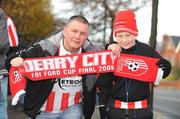 23 November 2008; Derry City supporters Willie McCallion and his son Conor, age 11, ahead of the game. Ford FAI Cup Final 2008, Bohemians v Derry City, RDS, Ballsbridge, Dublin. Picture credit: Stephen McCarthy / SPORTSFILE