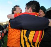 23 November 2008; Dromcollogher Broadford manager John Brudair celebrates with Derry McCarthy at the final whistle. AIB Munster Senior Club Football Championship Semi-Final, Dromcollogher Broadford v Nemo Rangers, Gaelic Grounds, Co. Limerick. Picture credit: Pat Murphy / SPORTSFILE