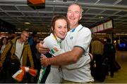 3 August 2015; Ireland's Ciara Neville, age 15, Emerald A.C., Limerick, a gold medallist in the 100-meters, is welcomed home by her father Niall at the Irish team's return from the European Youth Olympics. Dublin Airport, Dublin. Picture credit: Cody Glenn / SPORTSFILE