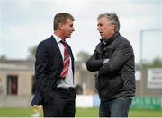 3 August 2015; Dundalk Manager Stephen Kenny, left, and Chief Executive of the Football Association of Ireland John Delaney, right, talk on the pitch before the match. EA Sports Cup, Semi-Final, Galway United v Dundalk. Eamonn Deasy Park, Galway. Picture credit: Seb Daly / SPORTSFILE