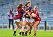 3 August 2015; Evie Casey, Cork, in action against Orla Murphy, left, and Sarah Donnellan, Galway. TG4 Ladies Football All-Ireland Minor A Championship Final, Cork v Galway. Semple Stadium, Thurles, Co. Tipperary. Picture credit: Ramsey Cardy / SPORTSFILE