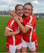 3 August 2015; Cork's Evie Casey, left, and Beatrice Casey celebrate following their side's victory. TG4 Ladies Football All-Ireland Minor A Championship Final, Cork v Galway. Semple Stadium, Thurles, Co. Tipperary. Picture credit: Ramsey Cardy / SPORTSFILE