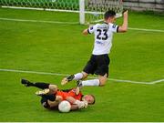 3 August 2015; Ger Hanley, Galway United, comes out to collect the ball at the feet of Dundalk's Conor McDonald. EA Sports Cup, Semi-Final, Galway United v Dundalk. Eamonn Deasy Park, Galway. Picture credit: Seb Daly / SPORTSFILE