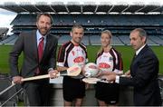 4 August 2015; A host of Irish sporting personalities, including Dublin's Alan Brogan, Mayo's Cora Staunton and legendary Gaelic Games commentator Michéal O Muircheartaigh togged out in Croke Park to officially launch the 20th annual Asian Gaelic Games, sponsored again this year by FEXCO. The games will take place on October 24th and 25th is Shanghai, China. Pictured at the launch are, from left, Shane Kavanagh, Marketing Director, FEXCO, Alan Brogan, Dublin, Cora Staunton, Mayo and Joe Trolan, Chairperson, Asian County Board. Croke Park, Dublin. Picture credit: Brendan Moran / SPORTSFILE