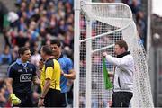 2 August 2015; Dublin goalkeeper Stephen Cluxton, reacts to referee Padraig O'Sullivan and umpire John Mike Fitzgerald after a goal was awarded to  Fermanagh after the Dublin goalkeeper was adjudged to have crossed over the goal line with the ball. GAA Football All-Ireland Senior Championship Quarter-Final, Dublin v Fermanagh. Croke Park, Dublin. Picture credit: David Maher / SPORTSFILE