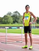 4 August 2015; Pictured at the preview of the GloHealth Senior Track and Field Championships, which will take place in Morton Stadium, Santry, on 8th and 9th August, is hurdler Thomas Barr. The Championships are free to under 16s and a perfect day out for the whole family. Tickets can be bought at www.athleticsireland.ie or at the gate on the day. Morton Stadium, Santry, Dublin. Picture credit: Ramsey Cardy / SPORTSFILE