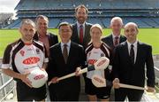 4 August 2015; A host of Irish sporting personalities, including Dublin's Alan Brogan, Mayo's Cora Staunton and legendary Gaelic Games commentator Michéal O Muircheartaigh togged out in Croke Park to officially launch the 20th annual Asian Gaelic Games, sponsored again this year by FEXCO. The games will take place on October 24th and 25th is Shanghai, China. Pictured at the launch are, from left, Alan Brogan, Dublin, Paul Earley, Consular Wu, of the Embassy of the People's Republic of China, Shane Kavanagh, Marketing Director, FEXCO, Cora Staunton, Mayo, Nicky English and Joe Trolan, Chairperson, Asian County Board. Croke Park, Dublin. Picture credit: Brendan Moran / SPORTSFILE