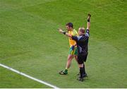 1 August 2015; Paddy McGrath, Donegal, receives a black card from referee Eddie Kinsella. GAA Football All-Ireland Senior Championship, Round 4B, Donegal v Galway. Croke Park, Dublin. Picture credit: Dáire Brennan / SPORTSFILE
