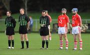 23 November 2008; Referee Willie Barrett, centre, looks at his watch as Cork players Barry Johnson and Glen O'Connor stand for the National Anthem before the game. Match to celebrate 150th Anniversary of St Colman's College, St Colman's XV v Cork Selection XV, Fitzgerald Park, Fermoy, Co. Cork. Picture credit: Brendan Moran / SPORTSFILE
