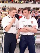 18 June 2000: Derry assistant manager Damien Cassidy, left, and Martin McElkennon, part of the Derry management team, in communication with manager Eamonn Coleman during the game. Derry v Antrim, Ulster Football Championship, Casement Park, Belfast. Picture credit: Oliver McVeigh / SPORTSFILE