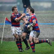 29 November 2008; Michael Keating, right, is congratulated by Clontarf team-mate Niall Carson, after scoring his side's second try. AIB League Division 1, Clontarf v Blackrock College, Castle Avenue, Clontarf, Dublin. Picture credit: Diarmuid Greene / SPORTSFILE