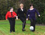 25 November 2008; Special Olympics Europe is urgently seeking funding from the European Commission in order to continue its sports and support programmes for people with intellectual disabilities and their families. Mary Davis, Managing Director of Special Olympics Europe / Eurasia, plays soccer with Special Olympics athletes Ann Hickey, left, and Anita O'Connor, both from Carlow, at a photo-call in Merrion Square, Dublin. Picture credit: Pat Murphy / SPORTSFILE