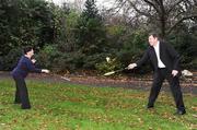 25 November 2008; Special Olympics Europe is urgently seeking funding from the European Commission in order to continue its sports and support programmes for people with intellectual disabilities and their families. Special Olympics athlete Anita O'Connor, from Carlow, demonstrates her badminton skills with Packie Bonner at a photo-call in Merrion Square, Dublin. Picture credit: Pat Murphy / SPORTSFILE