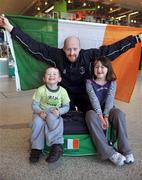 27 November 2008; Irish handballer James Doyle, from Whitecross, Co. Armagh, with his children Fiachra, age 3, and Cailiosa, age 6, at Dublin Airport prior to his departure to Milan where he will play in the Open D’Italia Tournament. In total, 13 countries will take part in the three day event, with the USA and Basque Region two of the favourites in the competition. Dublin Airport, Dublin. Picture credit: Brian Lawless / SPORTSFILE