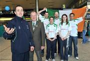 27 November 2008; Irish squad manager Tom Sheridan, from Kells, Co. Meath, left, and President of the Irish Handball Council Tony Hannon, with Irish handballers, from left, Charly Shanks, from Lurgan, Armagh, Lorraine Havern, from Saval, Down, James Dolye, from Whitecross, Armagh, Marianna Rush, from Roscommon, and Paul Brady, from Mullahoran, Cavan, at Dublin Airport prior to their departure to Milan where they will play in the Open D’Italia Tournament. In total, 13 countries will take part in the three day event, with the USA and Basque Region two of the favourites in the competition. Dublin Airport, Dublin. Picture credit: Brian Lawless / SPORTSFILE