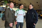 27 November 2008; Irish squad manager Tom Sheridan, from Kells, Co. Meath, right, and President of the Irish Handball Council Tony Hannon, left, with World 40x20 Handball Champion Paul Brady, from Mullahoran, Cavan, at Dublin Airport prior to their departure to Milan where they will play in the Open D’Italia Tournament. In total, 13 countries will take part in the three day event, with the USA and Basque Region two of the favourites in the competition. Dublin Airport, Dublin. Picture credit: Brian Lawless / SPORTSFILE