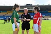 3 August 2015; Referee Gerry Carmody speaks with team captains, Meath's Kate Byrne and Cork's Ciara O'Sullivan. TG4 Ladies Football All-Ireland Senior Championship, Qualifier Round 2, Cork v Meath. Semple Stadium, Thurles, Co. Tipperary. Picture credit: Ramsey Cardy / SPORTSFILE