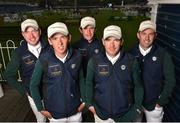 5 August 2015; Team members, from left, Greg Broderick, Bertram Allen, Darragh Kenny, Conor Swail and Cian O'Connor. Aga Khan Squad Photo Shoot. International Pocket, RDS, Ballsbridge, Dublin. Picture credit: Cody Glenn / SPORTSFILE