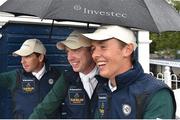5 August 2015; Team members, from right, Bertram Allen, Greg Broderick and Conor Swail and survey the course. Aga Khan Squad Photo Shoot. International Pocket, RDS, Ballsbridge, Dublin. Picture credit: Cody Glenn / SPORTSFILE
