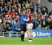26 July 2015; Referee James Owens shows a yellow card to Joe Canning, Galway. GAA Hurling All-Ireland Senior Championship, Quarter-Final, Galway v Cork. Semple Stadium, Thurles, Co. Tipperary. Picture credit: Dáire Brennan / SPORTSFILE