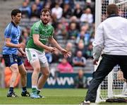 2 August 2015; Sean Quigley, Fermanagh, reacts to umpire John Mike Fitzgerald before a goal was awarded to  Fermanagh, after the Dublin goalkeeper was adjudged to have crossed over the goal line with the ball. GAA Football All-Ireland Senior Championship, Quarter-Final, Dublin v Fermanagh. Croke Park, Dublin. Picture credit: David Maher / SPORTSFILE