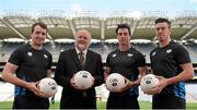 6 August 2015; Sean Quigley, Fermanagh, left, Martin Donnelly, MD of myclubshop.ie, second left, Andrew Tormey, Meath, right, and Michael Darragh MacAuley, Dublin, in attendance at the launch of the new licensed GAA MD match football. Croke Park, Dublin. Picture credit: Seb Daly / SPORTSFILE