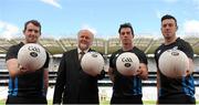 6 August 2015; Sean Quigley, Fermanagh, left, Martin Donnelly, MD of myclubshop.ie, second left, Andrew Tormey, Meath, right, and Michael Darragh MacAuley, Dublin, in attendance at the launch of the new licensed GAA MD match football. Croke Park, Dublin. Picture credit: Seb Daly / SPORTSFILE