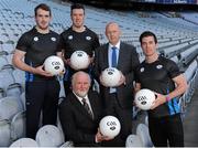 6 August 2015; Sean Quigley, Fermanagh, left, Andrew Tormey, Meath, second left, Neville Murphy, Sales Manager at myclubshop.ie, Michael Darragh MacAuley, Dublin, right, with Martin Donnelly, MD of myclubshop.ie, front, at the launch of the new licensed GAA MD match football. Croke Park, Dublin. Picture credit: Seb Daly / SPORTSFILE