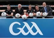 6 August 2015; Sean Quigley, Fermanagh, left, Martin Donnelly, MD of myclubshop.ie, second left, CJ Jones, son of Carl Jones who is a shareholder in myclubshop.ie, Andrew Tormey, Meath, Michael Darragh MacAuley, Dublin, second right, and Neville Murphy, Sales Manager at myclubshop.ie, right, at the launch of the new licensed GAA MD match football. Croke Park, Dublin. Picture credit: Seb Daly / SPORTSFILE