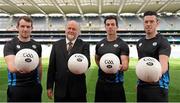 6 August 2015; Sean Quigley, Fermanagh, left, Martin Donnelly, MD of myclubshop.ie, second left, Michael Darragh MacAuley, Dublin, and Andrew Tormey, Meath, right, at the launch of the new licensed GAA MD match football. Croke Park, Dublin. Picture credit: Seb Daly / SPORTSFILE