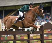 6 August 2015; Bertram Allen, Ireland, competing on Quiet Easy 4 on their way to a second-place finish in the Serpentine Speed Stakes sponsored by CityJet during the Discover Ireland Dublin Horse Show 2015. RDS, Ballsbridge, Dublin. Picture credit: Cody Glenn / SPORTSFILE